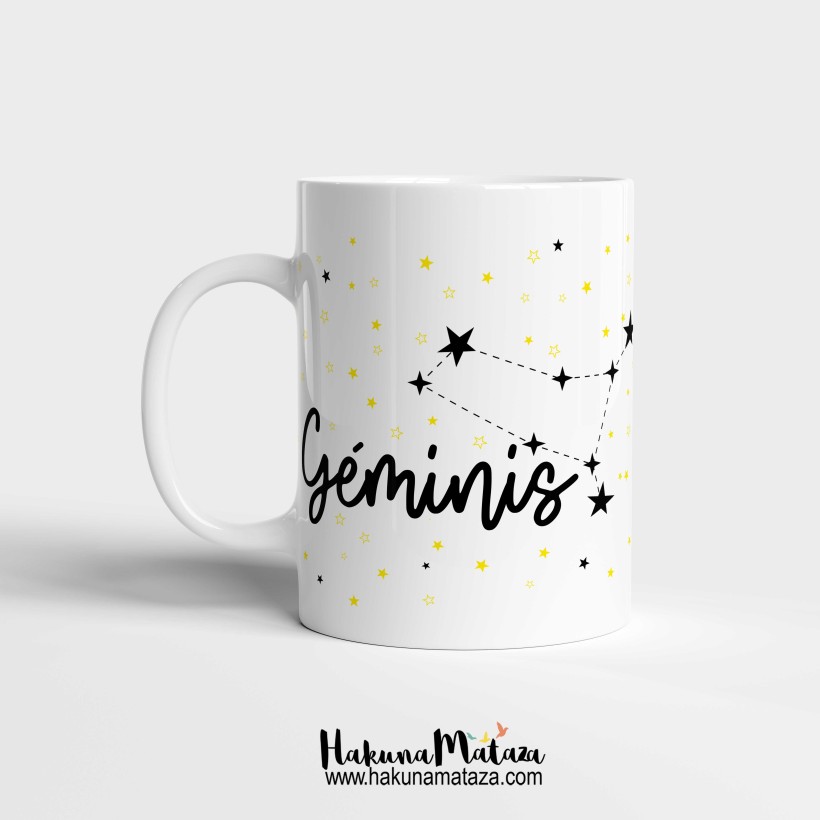 Taza Horóscopo Géminis con constelación de estrellas