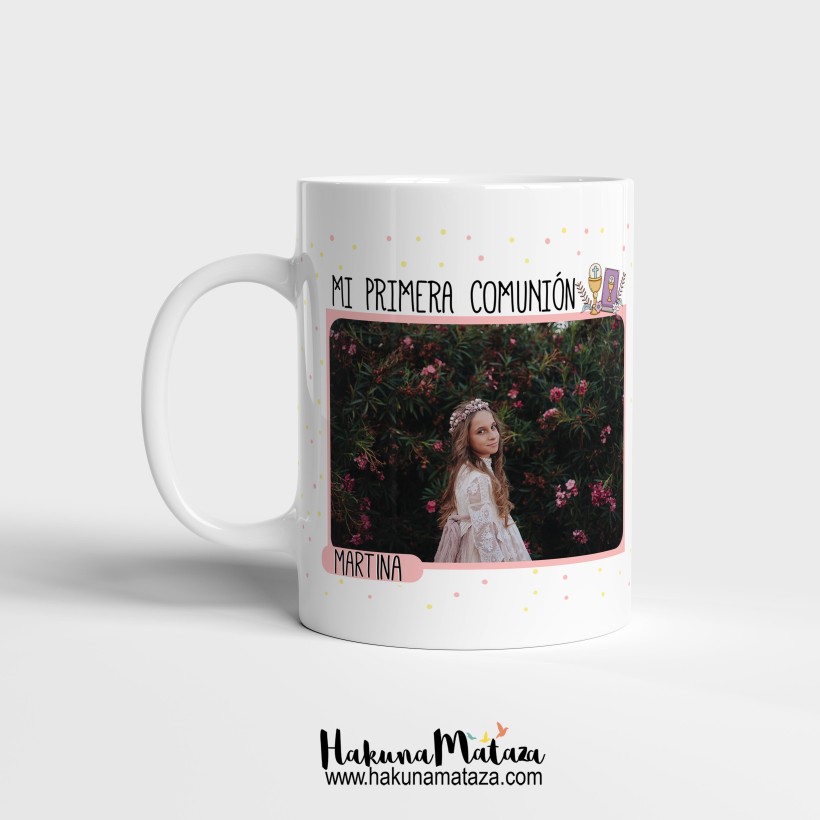 Taza personalizada de comunión rosa con foto y mensaje de agradecimiento