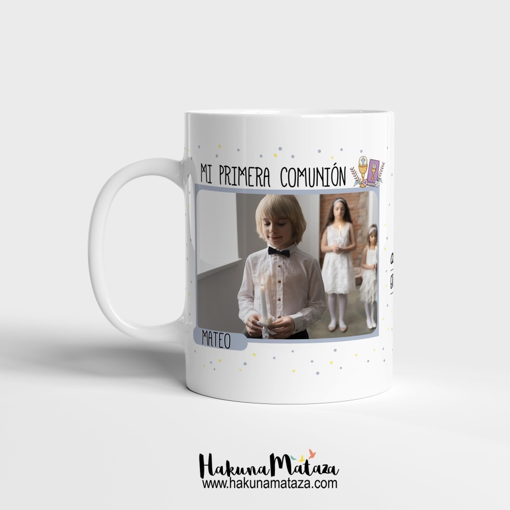 Taza personalizada de Comunión Azul con foto y frase "Mi primera comunión"