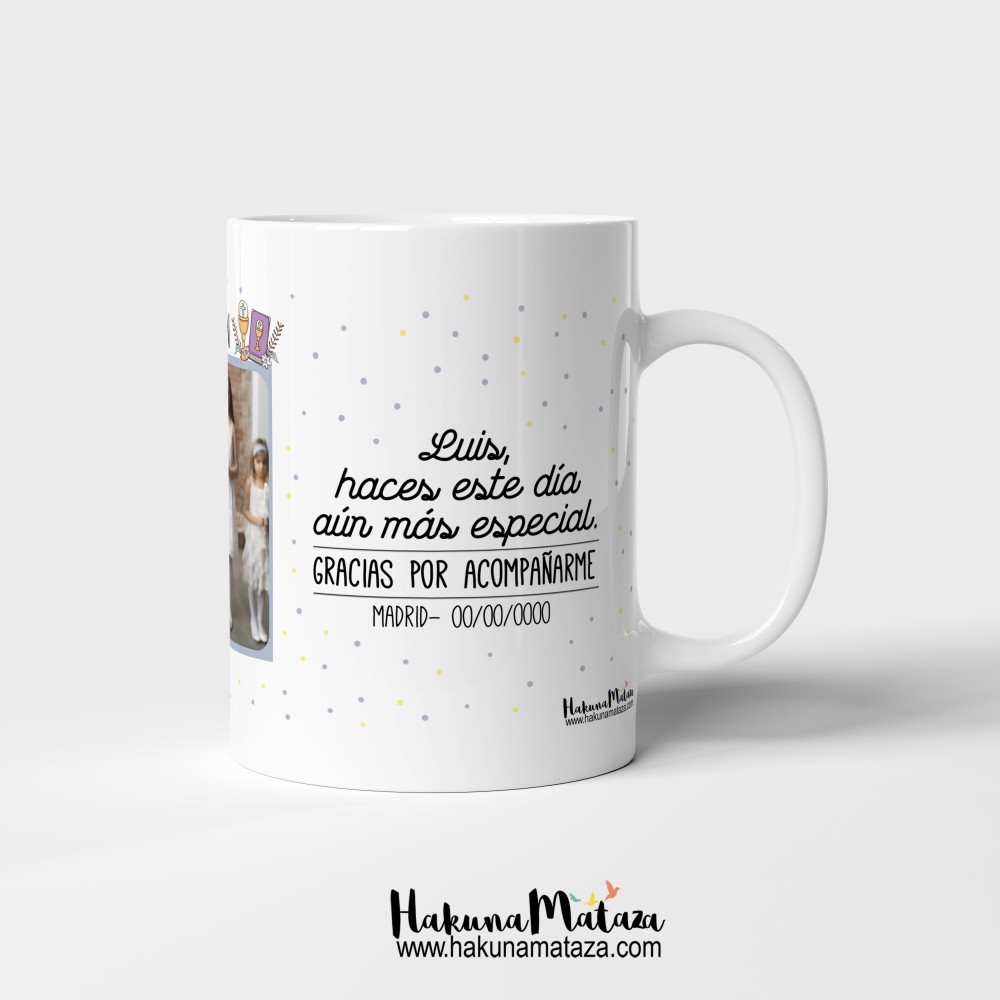 Detalle de la foto personalizada y dedicatoria en la taza