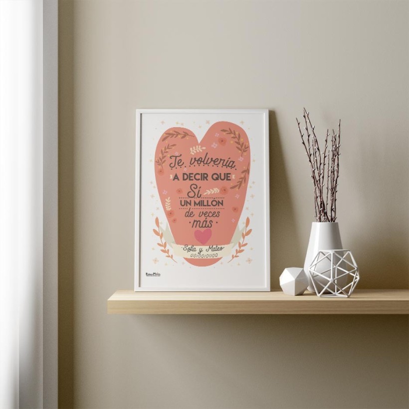 Lámina personalizada para pareja con corazón floral en tonos salmón 2