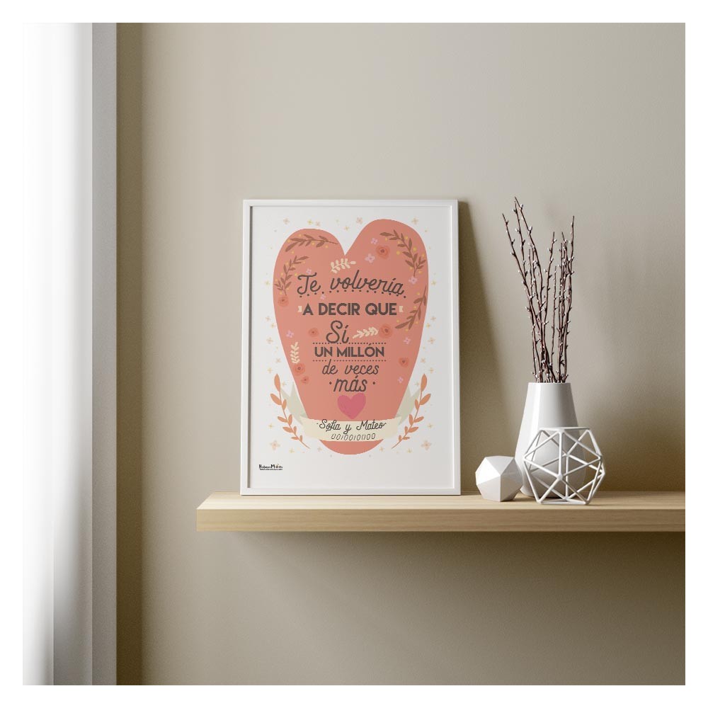Lámina romántica en marco blanco sobre estantería decorativa