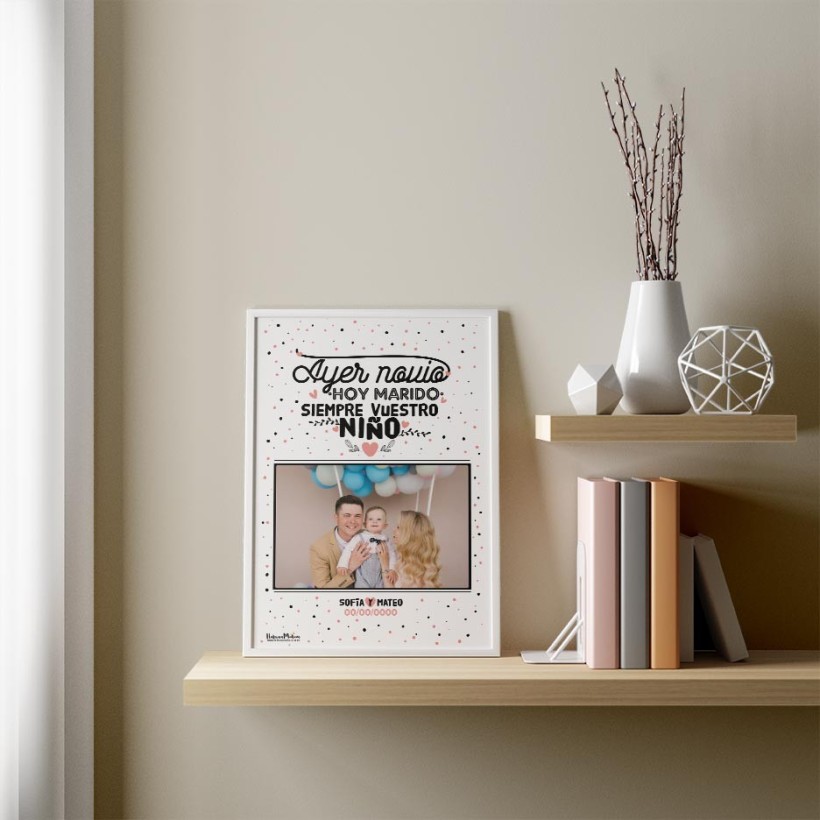 Diseño completo de la lámina personalizada con foto “Ayer novio, hoy marido – Siempre vuestro niño”. 2