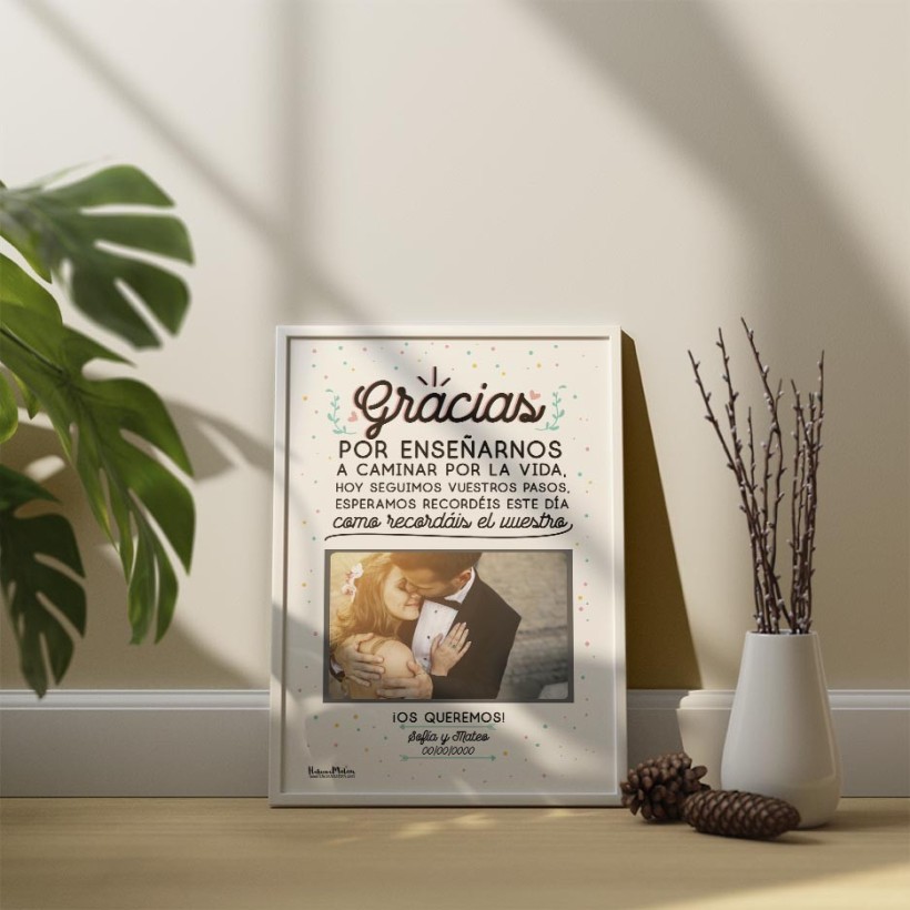 Diseño completo de la lámina personalizada con foto “Gracias por enseñarnos a caminar por la vida”. 2