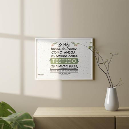 Lámina personalizada para testigo de boda colocada en pared como decoración. Lámina personalizada para testigo de boda colocada en pared como decoración.