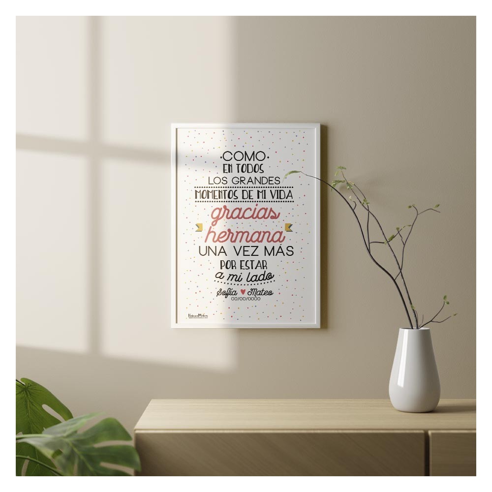 Lámina personalizada para hermana decorando una habitación.