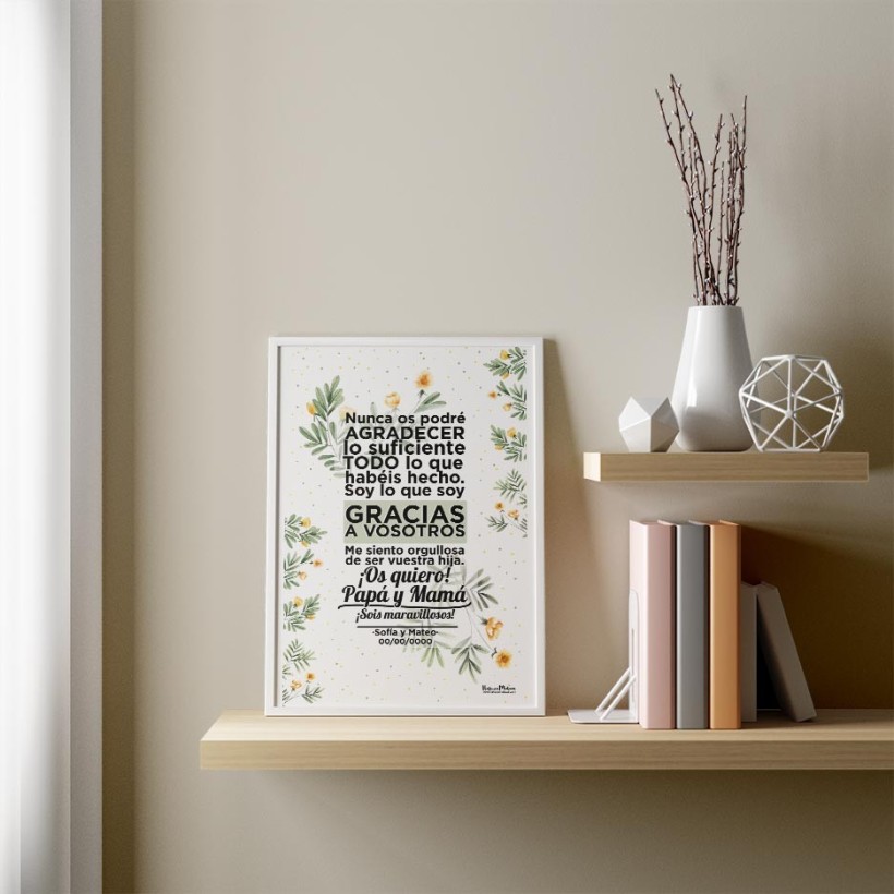 Diseño completo de lámina personalizada “Os quiero papá y mamá” estilo floral. 2