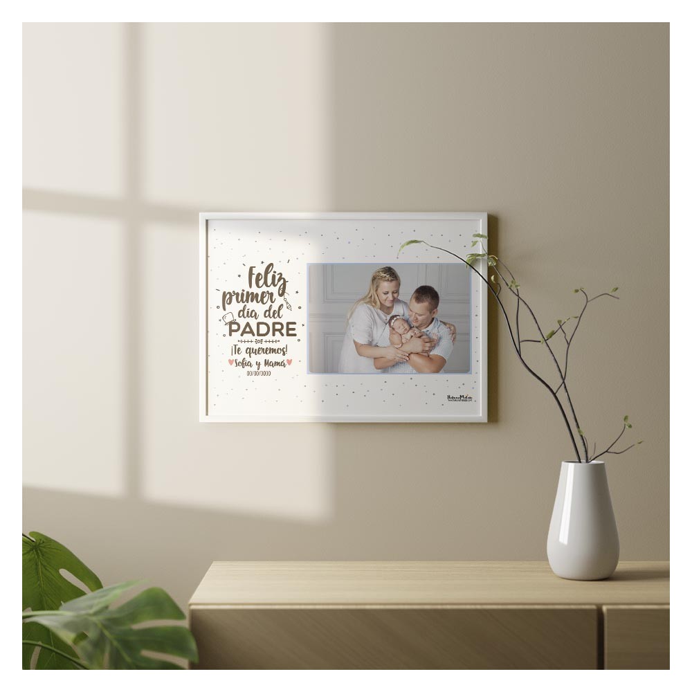 Lámina personalizada con foto celebrando el primer Día del Padre con familia.