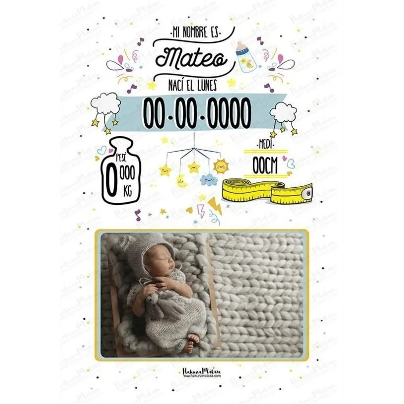 Lámina natalicio personalizada con foto - Datos del bebé con diseño infantil | Hakuna Mataza 2