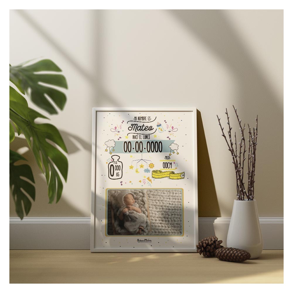 Lámina natalicio personalizada con foto - Datos del bebé con diseño infantil