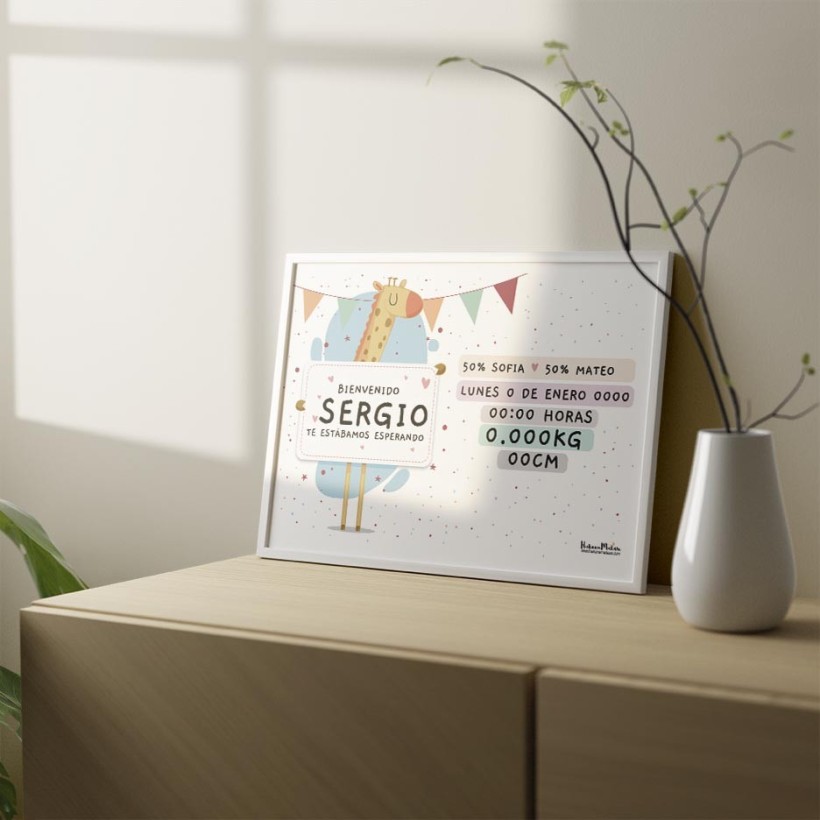 Lámina natalicio personalizada - Bienvenido bebé con jirafa y datos de nacimiento Lámina natalicio personalizada - Bienvenido bebé con jirafa y datos de nacimiento