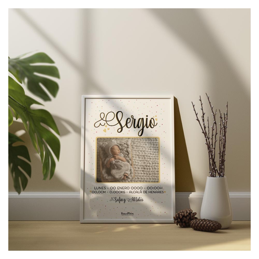Lámina natalicio personalizada con foto - Nombre en grande con ornamentos