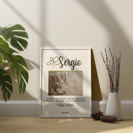 Lámina natalicio personalizada con foto - Nombre en grande con ornamentos Lámina natalicio personalizada con foto - Nombre en grande con ornamentos