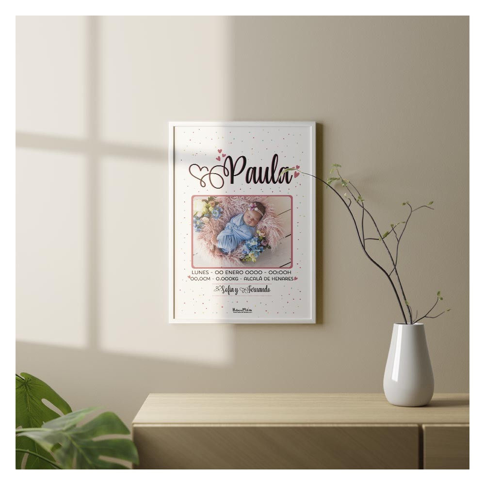 Lámina Natalicio con foto - Nombre rosa