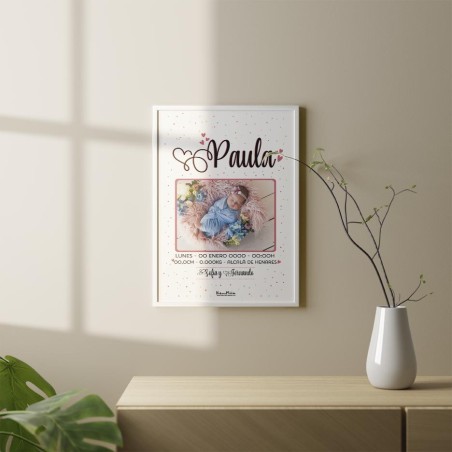 Lámina Natalicio con foto - Nombre rosa Lámina Natalicio con foto - Nombre rosa