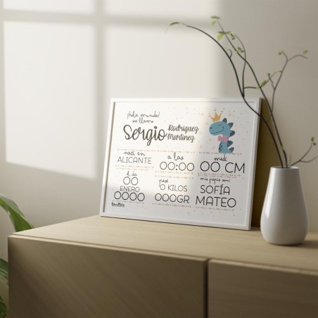 Lámina natalicio personalizada - Bienvenida al mundo dinosaurio Lámina natalicio personalizada - Bienvenida al mundo dinosaurio