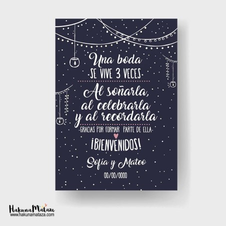 Cartel de bienvenida - Una boda se vive tres veces Cartel de bienvenida - Una boda se vive tres veces