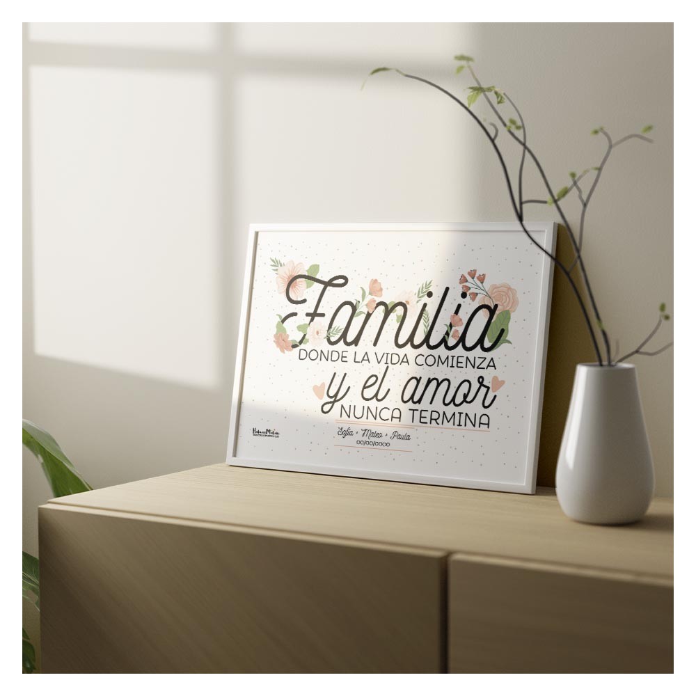 Lámina familiar con la frase "Familia. Donde la vida comienza y el amor nunca termina".