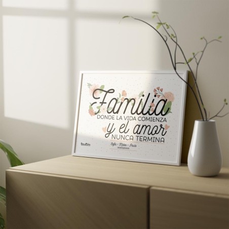 Lámina familiar con la frase "Familia. Donde la vida comienza y el amor nunca termina". Lámina familiar con la frase "Familia. Donde la vida comienza y el amor nunca termina".