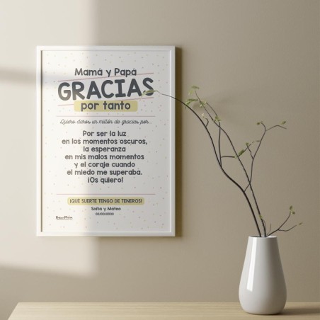 Lámina personalizada de agradecimiento colocada como decoración en un salón. Lámina personalizada de agradecimiento colocada como decoración en un salón.