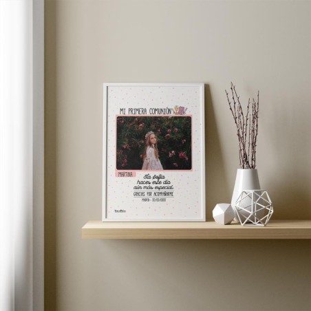 Lámina con foto de comunión rosa personalizada. Lámina con foto de comunión rosa personalizada.