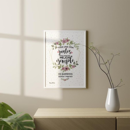 Lámina personalizada para padres de boda colocada como decoración en un salón.