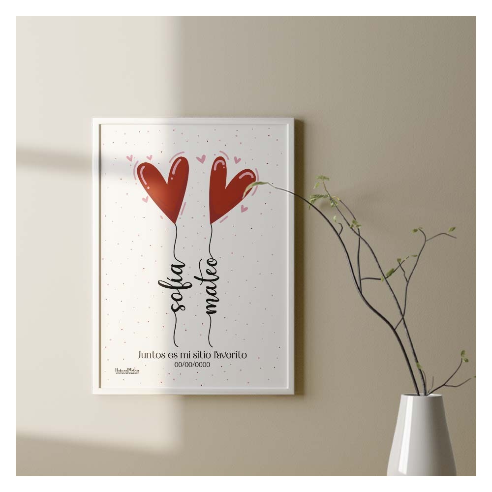 Lámina personalizada - Pareja con globos de corazones y nombres