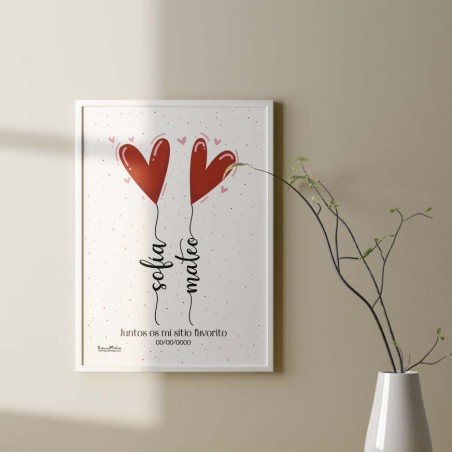 Lámina personalizada - Pareja con globos de corazones y nombres