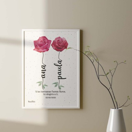 Lámina de flores personalizada en marco blanco colgado en la pared