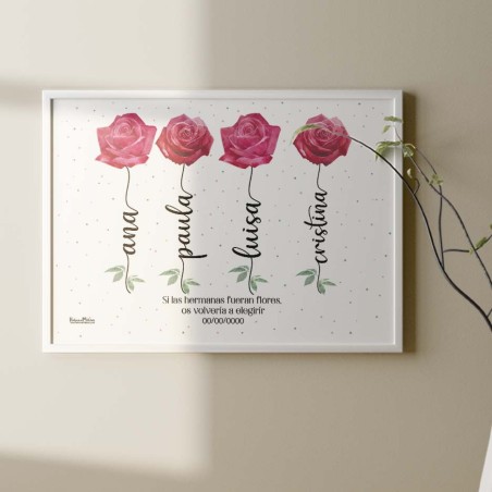 Lámina de flores personalizada en marco blanco colgado en la pared
