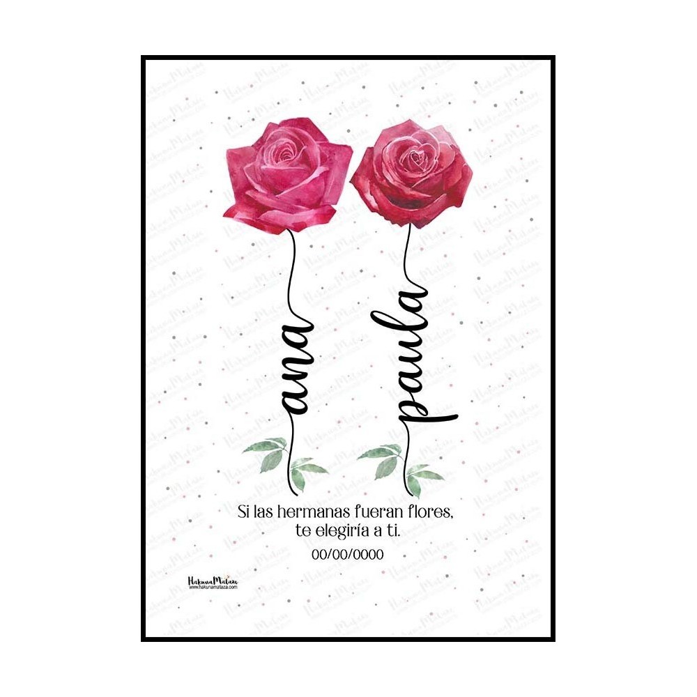 Detalle del diseño de la lámina con las flores y los nombres personalizados