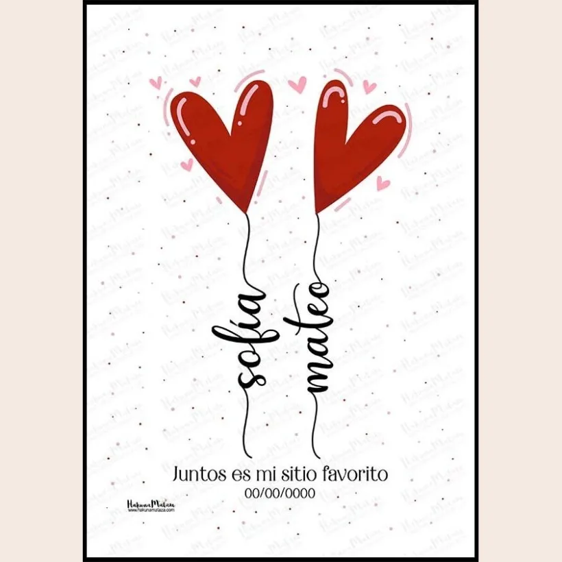 Lámina personalizada - Pareja con globos de corazones y nombres | Hakuna Mataza 2