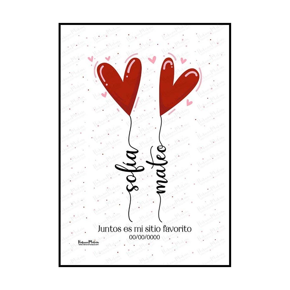 Diseño completo de la lámina personalizada con globos de corazones y nombres