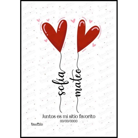 Diseño completo de la lámina personalizada con globos de corazones y nombres