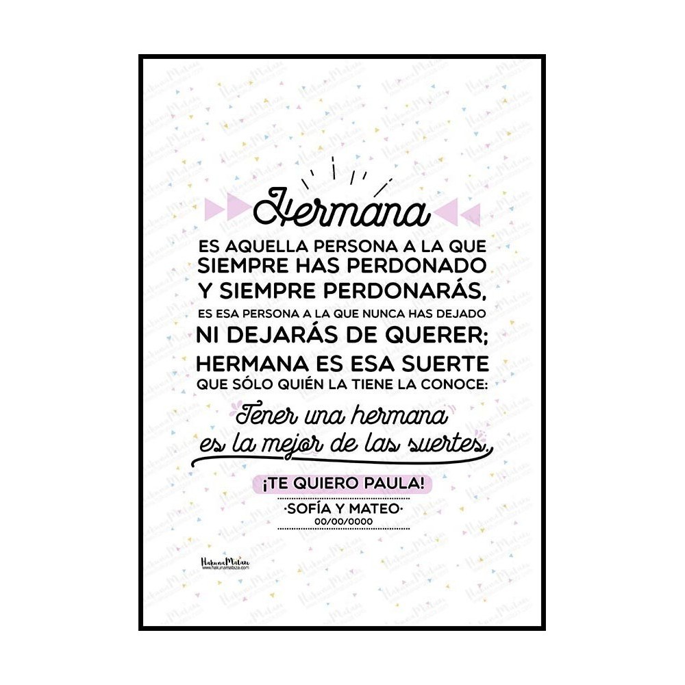 Detalle del mensaje emotivo de la lámina para hermanas