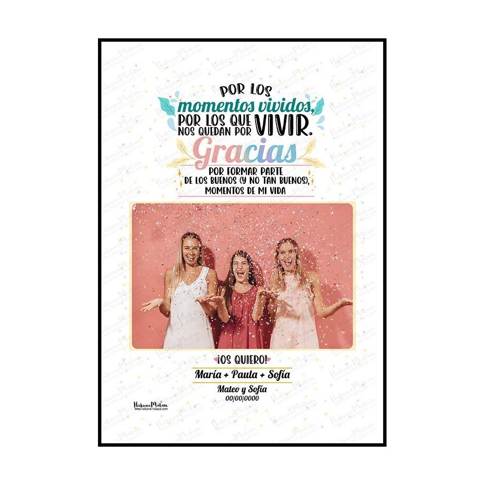 Diseño completo de la lámina personalizada con foto “Por los momentos vividos”.