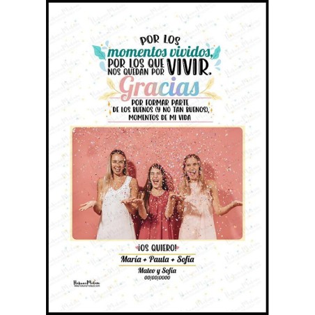Diseño completo de la lámina personalizada con foto “Por los momentos vividos”.