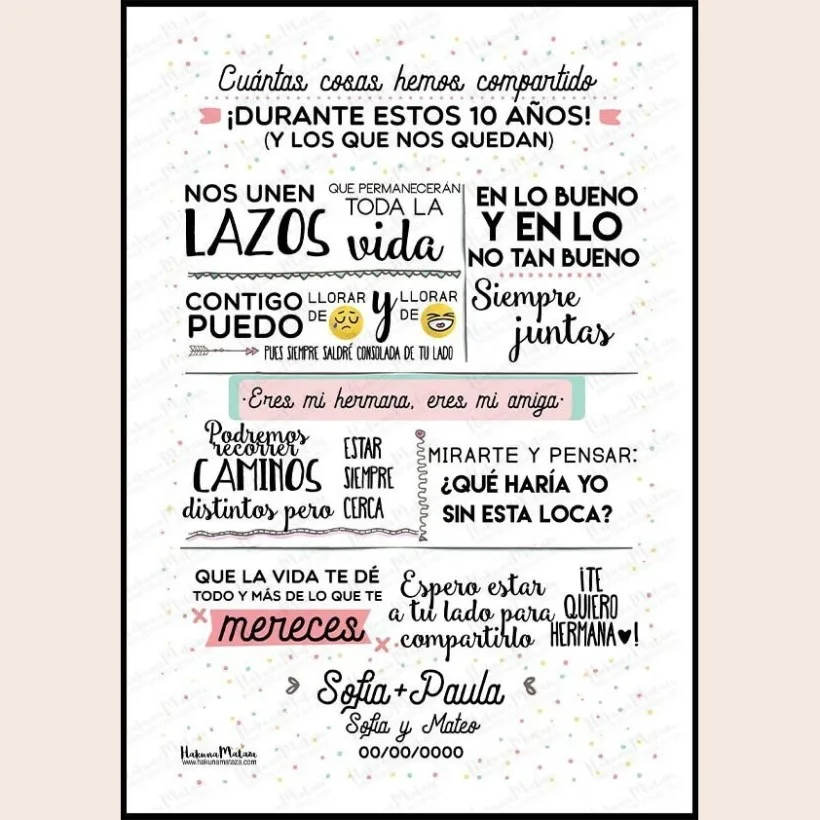 Lámina - Hermana cuántas cosas hemos compartido | Hakuna Mataza 2