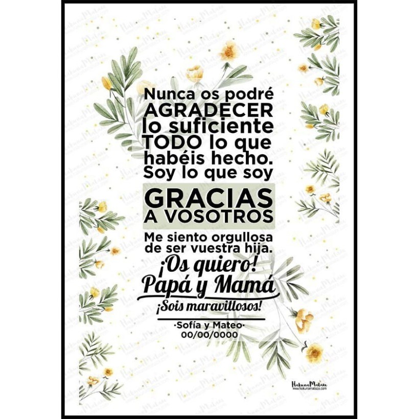Diseño completo de lámina personalizada “Os quiero papá y mamá” estilo floral.