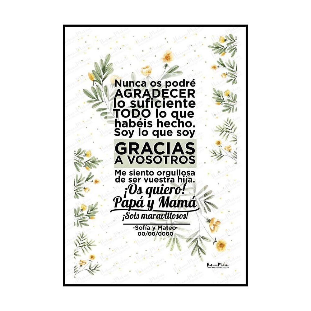 Diseño completo de lámina personalizada “Os quiero papá y mamá” estilo floral.