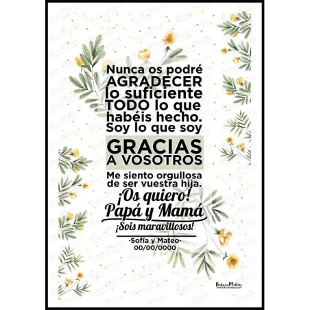 Diseño completo de lámina personalizada “Os quiero papá y mamá” estilo floral.