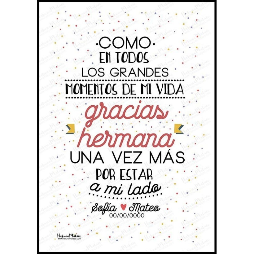Diseño completo de la lámina personalizada “Gracias hermana”.
