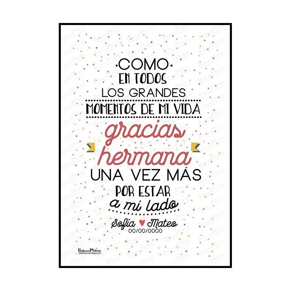 Diseño completo de la lámina personalizada “Gracias hermana”.