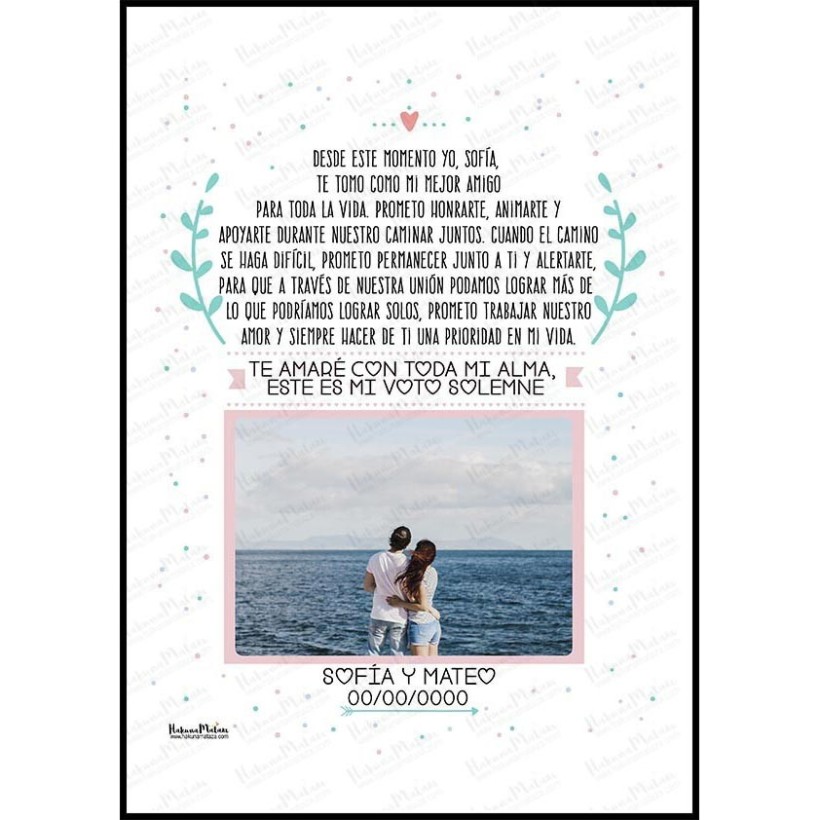 Diseño completo de la lámina personalizada con foto “Este es mi voto solemne”.