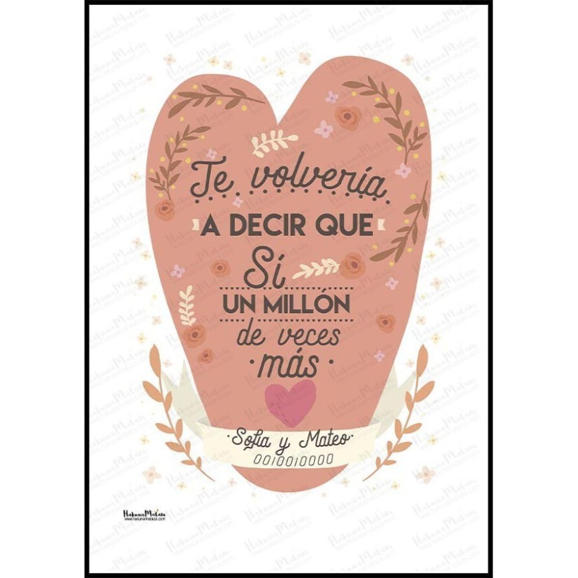 Lámina personalizada para pareja con corazón floral en tonos salmón