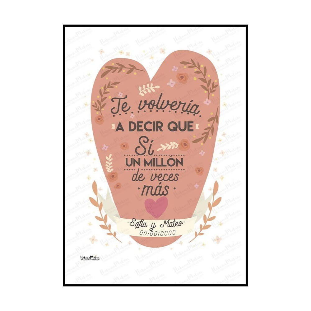 Lámina personalizada para pareja con corazón floral en tonos salmón