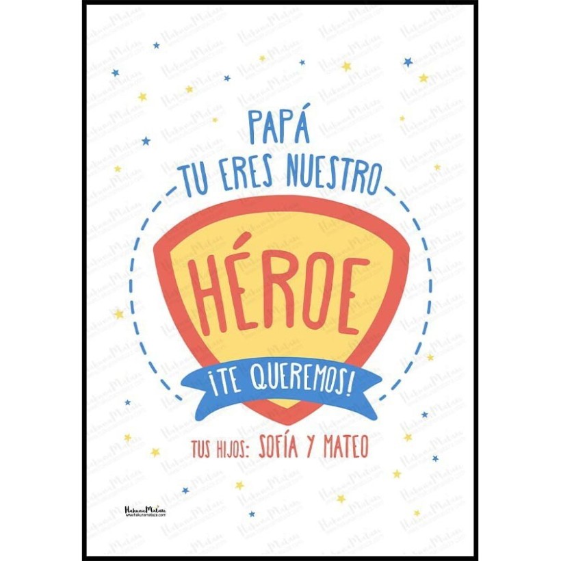 Diseño completo de la lámina personalizada con foto “Nuestro héroe”.