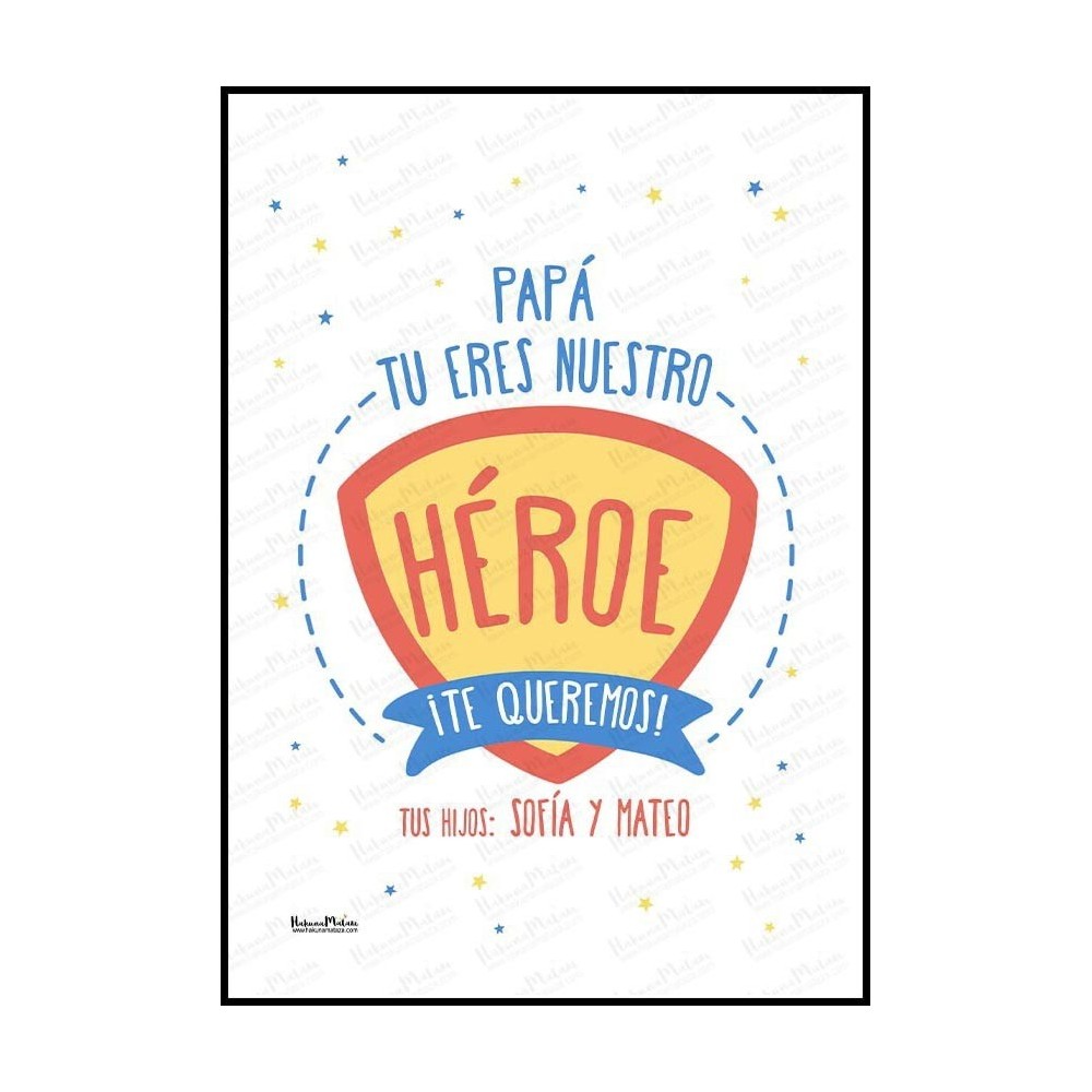 Diseño completo de la lámina personalizada con foto “Nuestro héroe”.