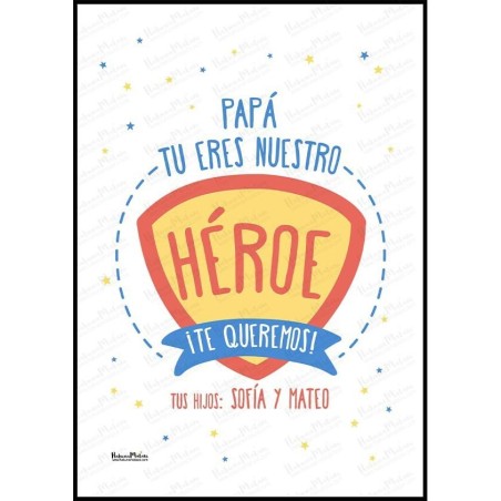 Diseño completo de la lámina personalizada con foto “Nuestro héroe”.