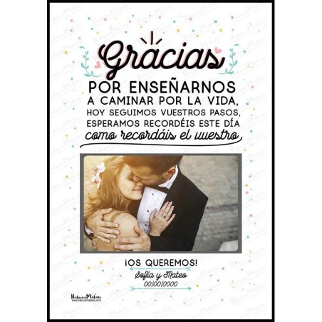 Diseño completo de la lámina personalizada con foto “Gracias por enseñarnos a caminar por la vida”.